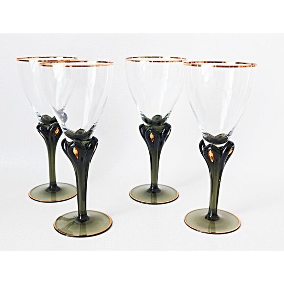 Vintage Set of 4 Retro Dark Green Wine Glasses with Gold Tear Drop Barware - Picture 1 of 4